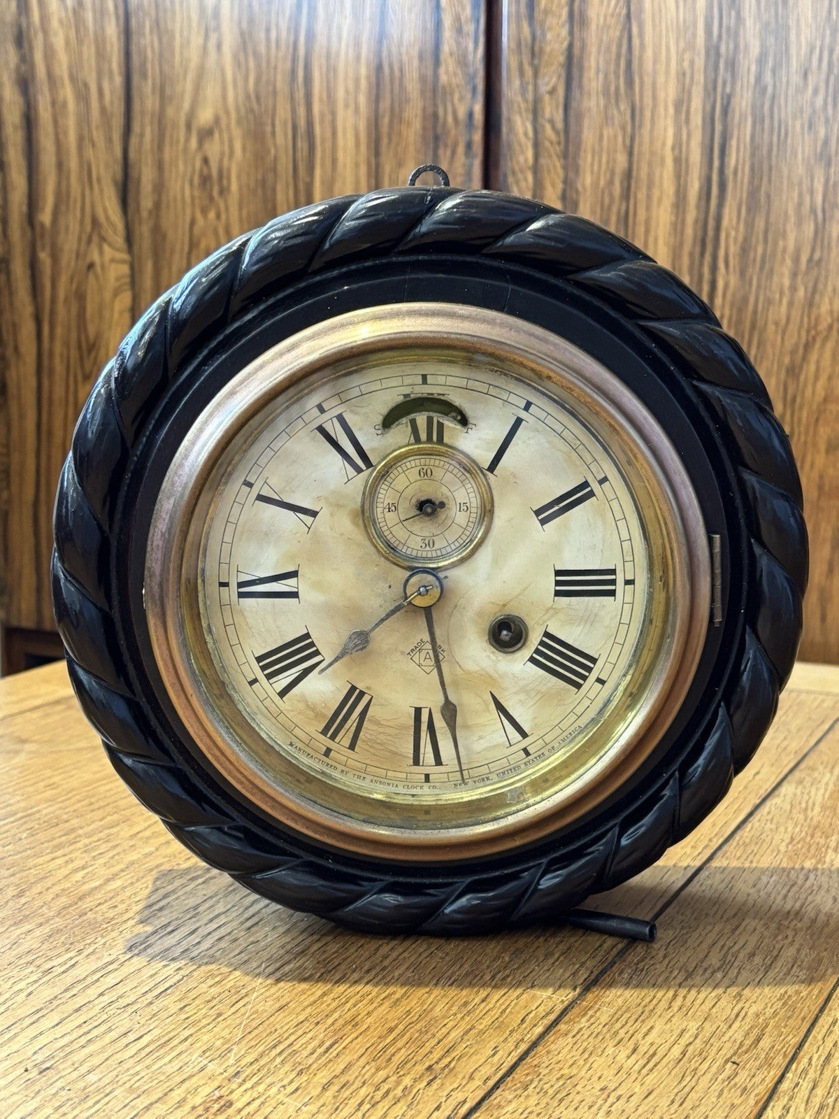 Antique Ansonia Wall Dial Clock In Wooden Case With Key. Nice Small Size