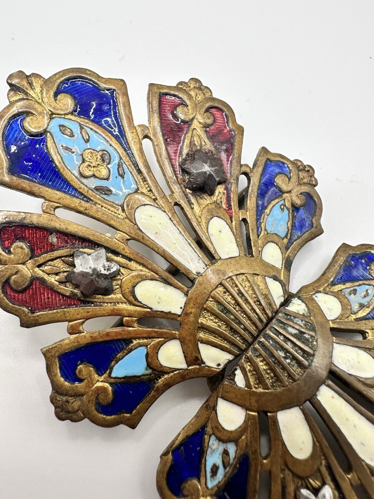 Art Nouveau Enamel Cut Steel Stars Brass Buckle