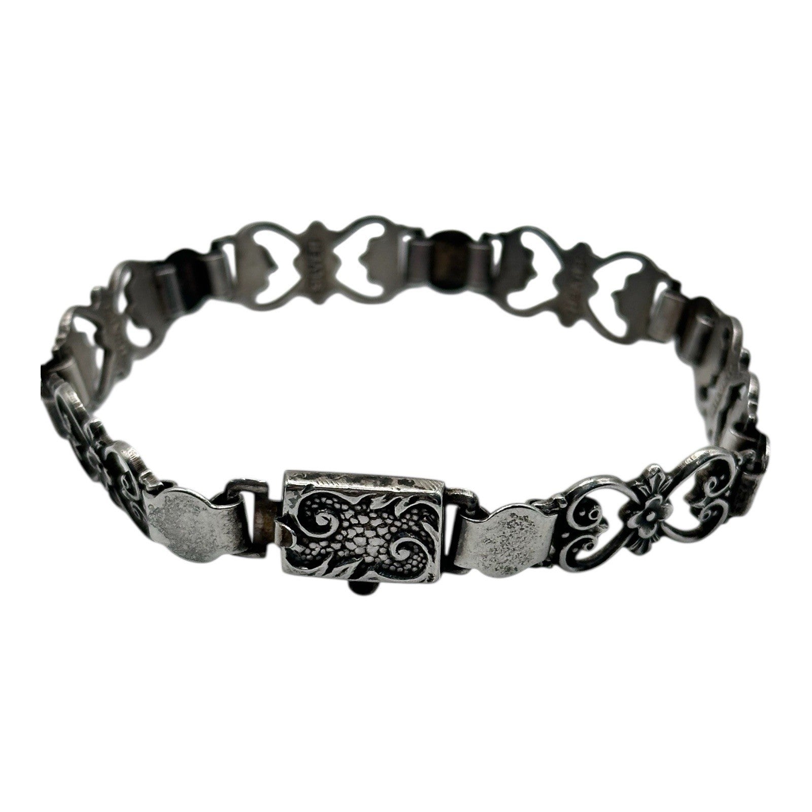 Antique Sterling Silver Fancy Link Flowers Bracelet