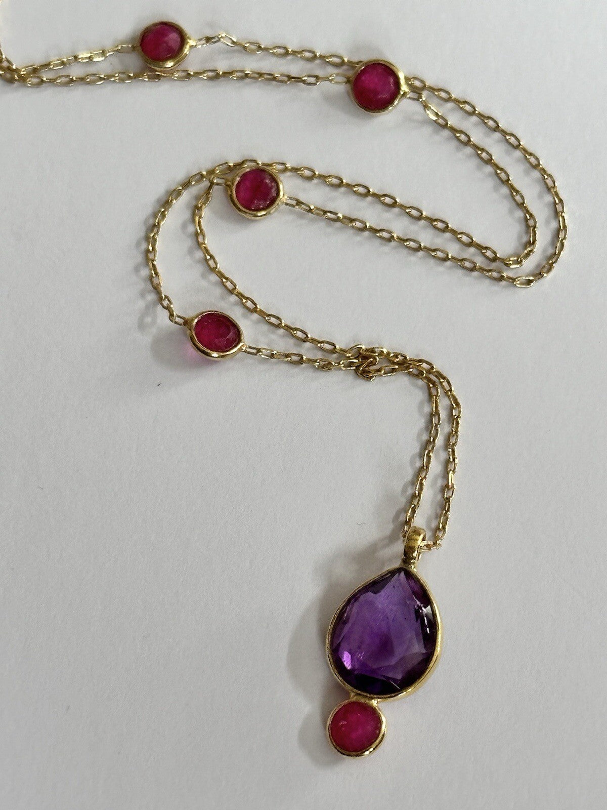 18k Gold Vermeil Plated On 925 Silver Amethyst Teardrop And Ruby Necklace