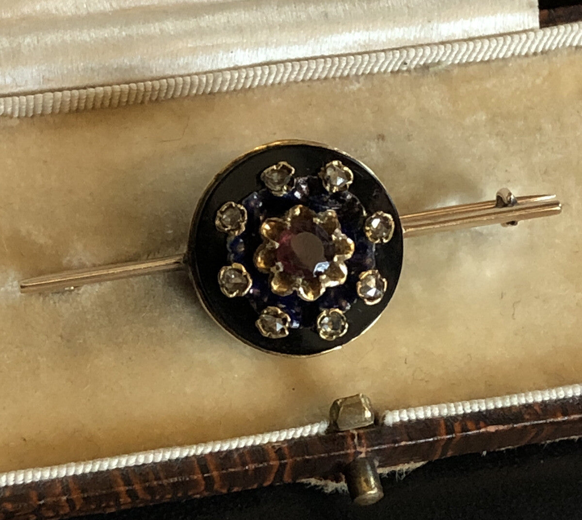 Antique Victorian 14ct Gold Onyx Old Cut Diamond Garnet Enamel Brooch