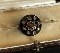 Antique Victorian 14ct Gold Onyx Old Cut Diamond Garnet Enamel Brooch