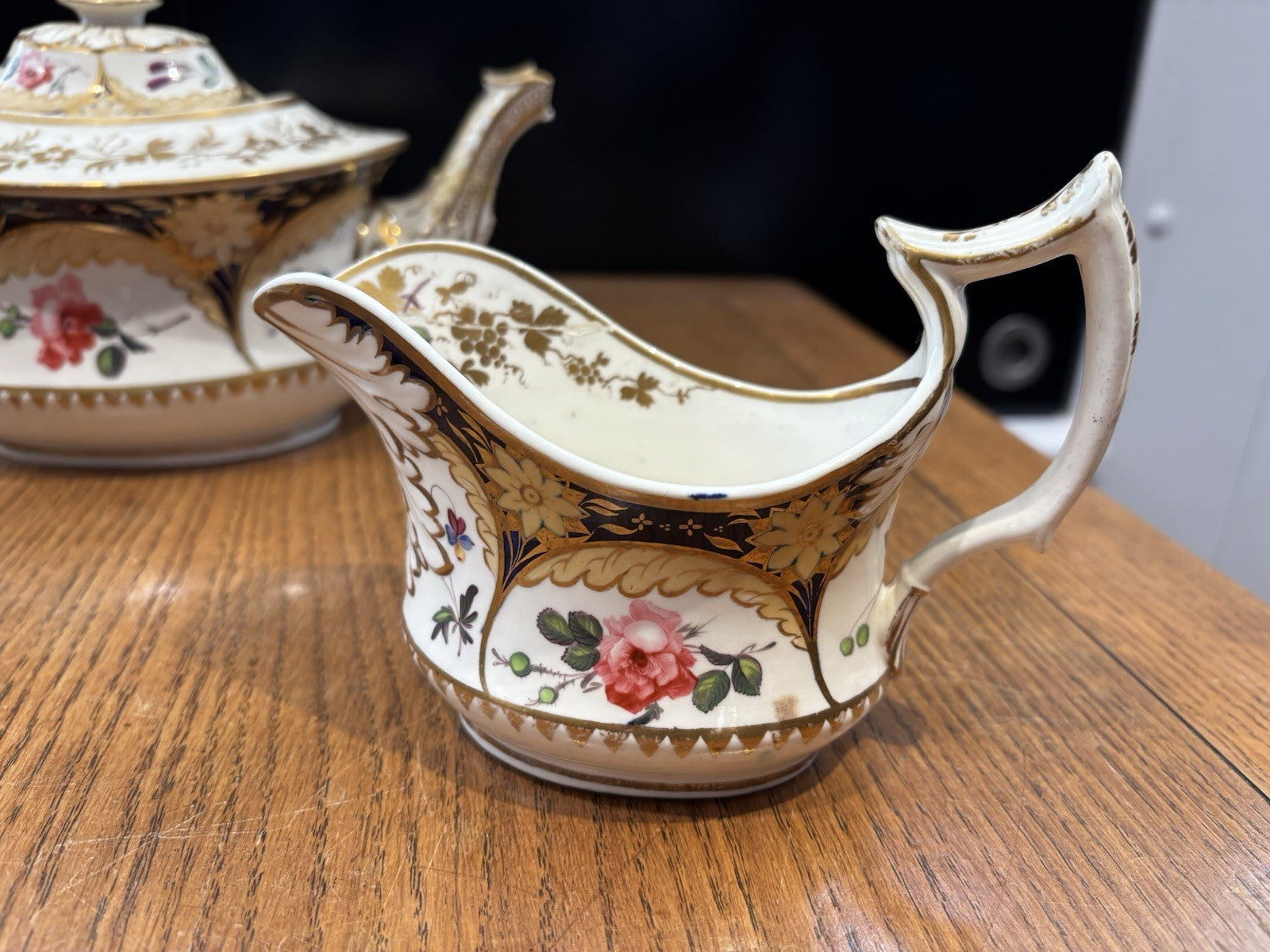 Antique Machin Highly Decorated Gilt Painted Tea Pot & Stand, Sugar & Milk Jug