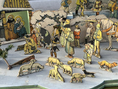 1950's Nativity Set, Wood With Printed Decoration. HUGE IN SIZE.