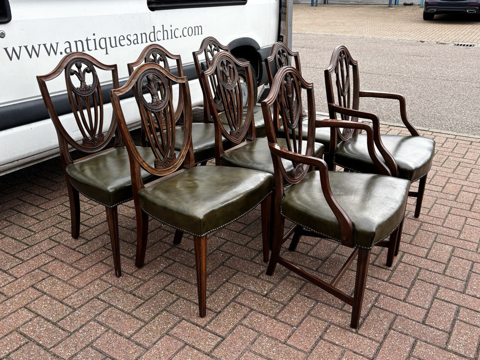 8 Hepplewhite Dining Chairs. Green Leather Upholstery. Prince Of Wales Feathers