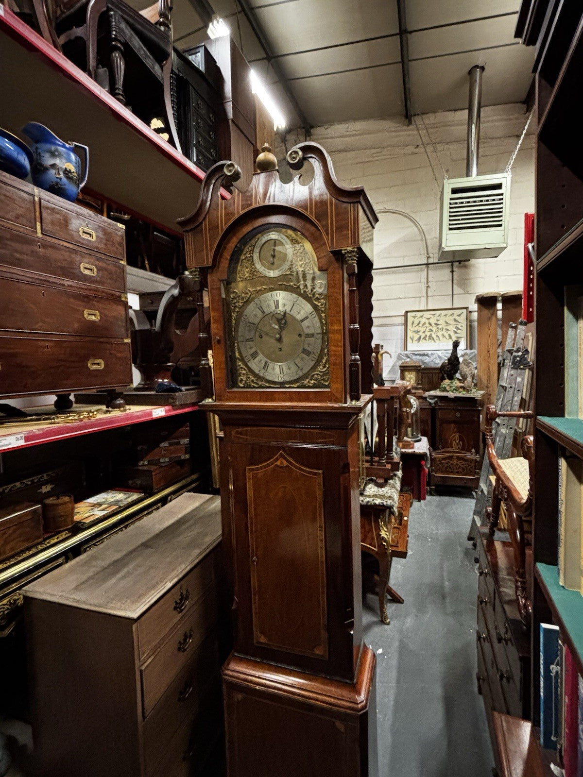 Antique Marquetry Inlaid 3 Weight Musical Longcase Clock, Brass Dial, Superb.
