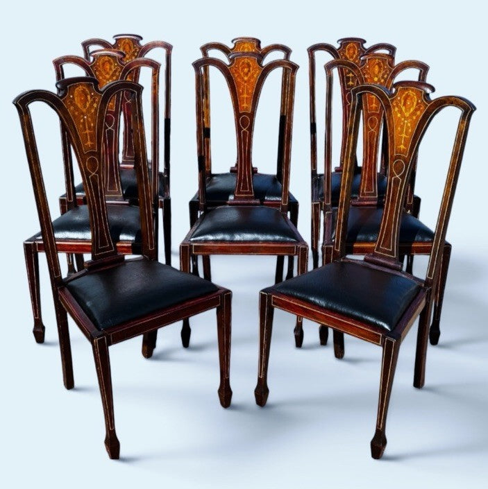8 Art Noveau Marquetry Inlaid Mahogany Dining Chairs, New Upholstery.
