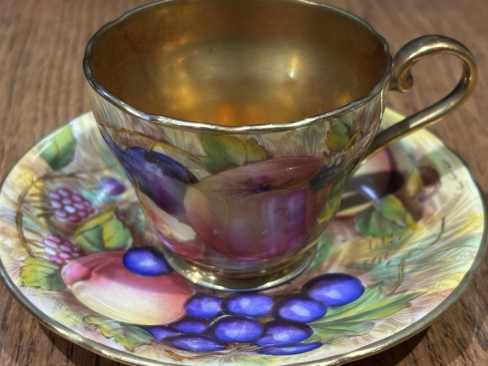 Aynsley Gold Orchard Fruit Cup & Saucer Signed D Jones Bone China