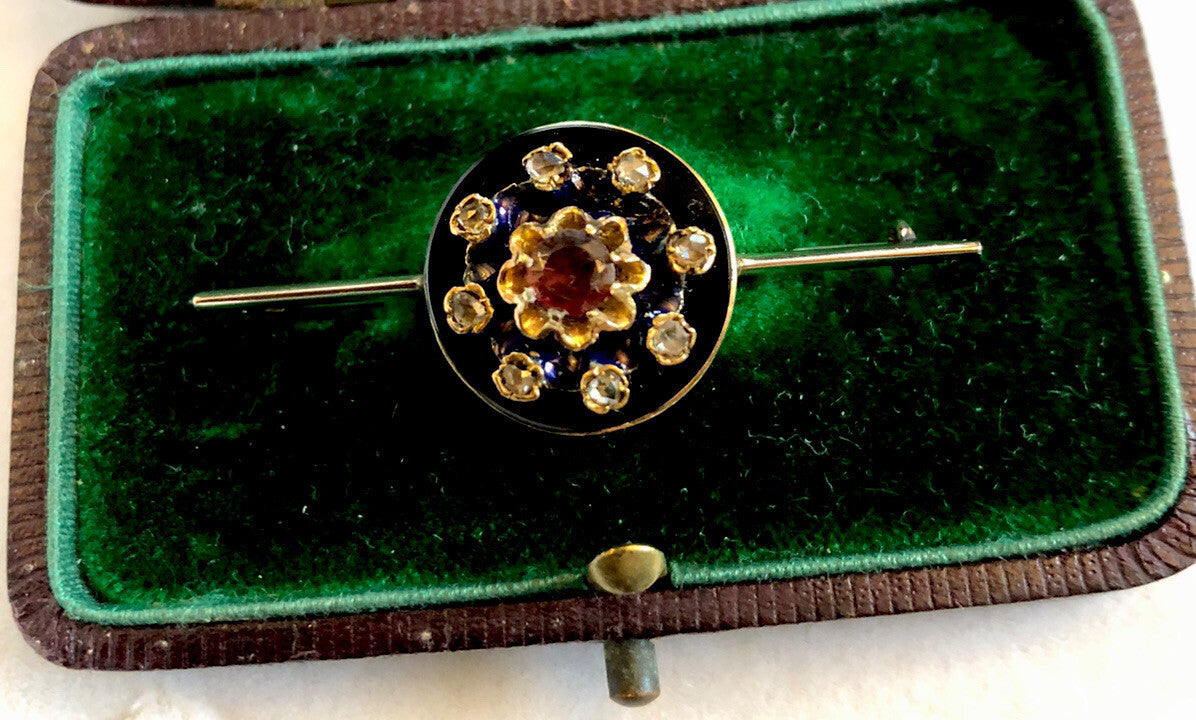 Antique Victorian 14ct Gold Onyx Old Cut Diamond Garnet Enamel Brooch