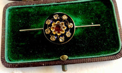 Antique Victorian 14ct Gold Onyx Old Cut Diamond Garnet Enamel Brooch