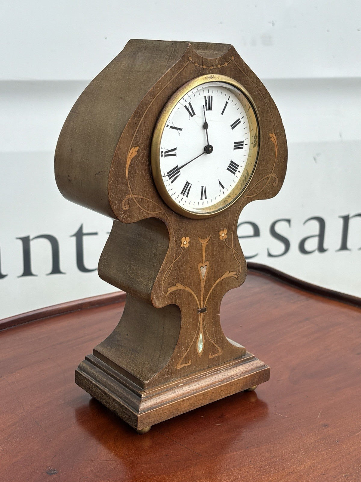 Art Nouveau Inlaid Mahogany Clock. Ticking Away Nicely, Comes With A Key.