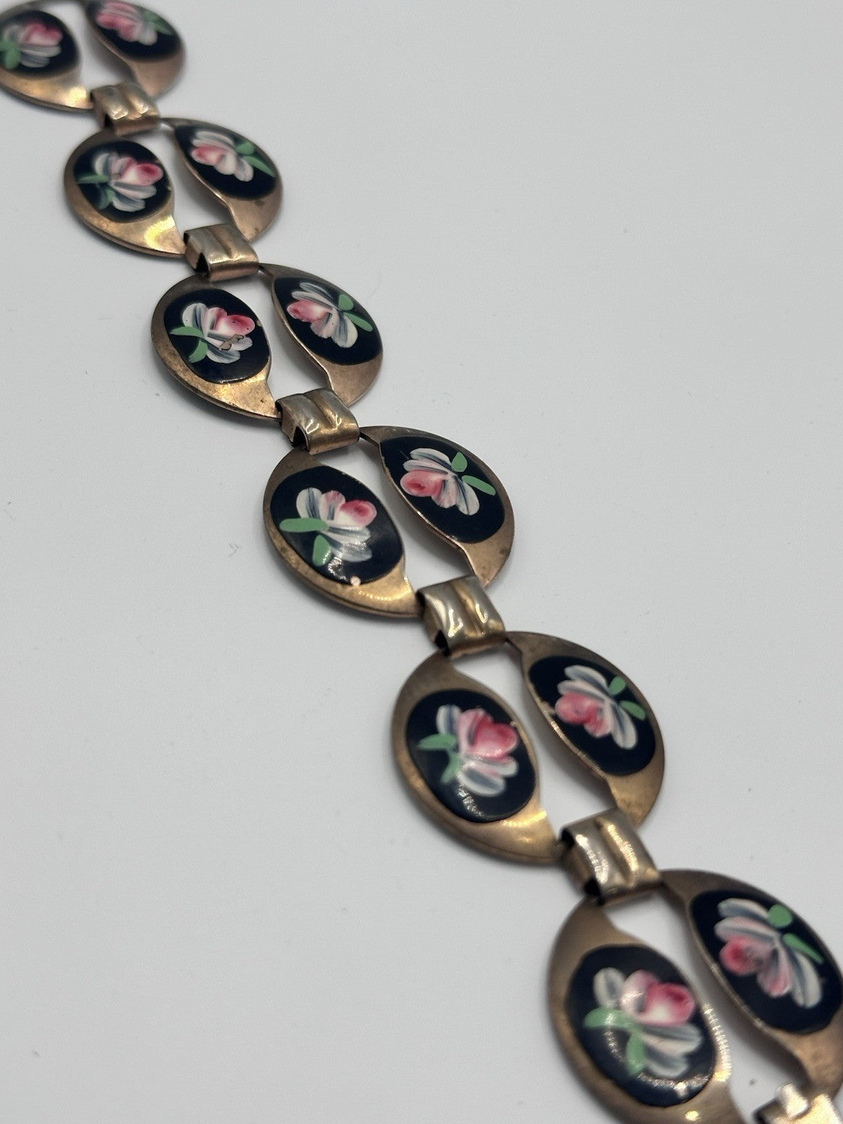 Beautiful Vintage Enamelled Hand Painted Pink Flowers Metal Bracelet