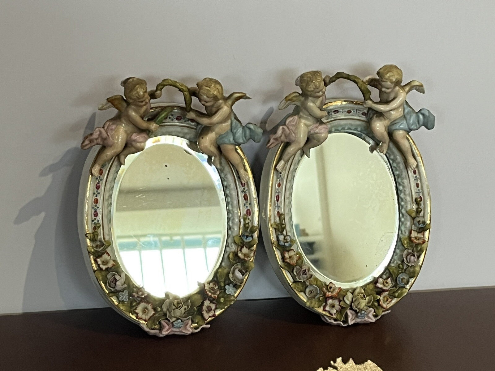 Antique Meissen German Porcelain Wall Mirror Set. Decorated With Cherubs & Birds