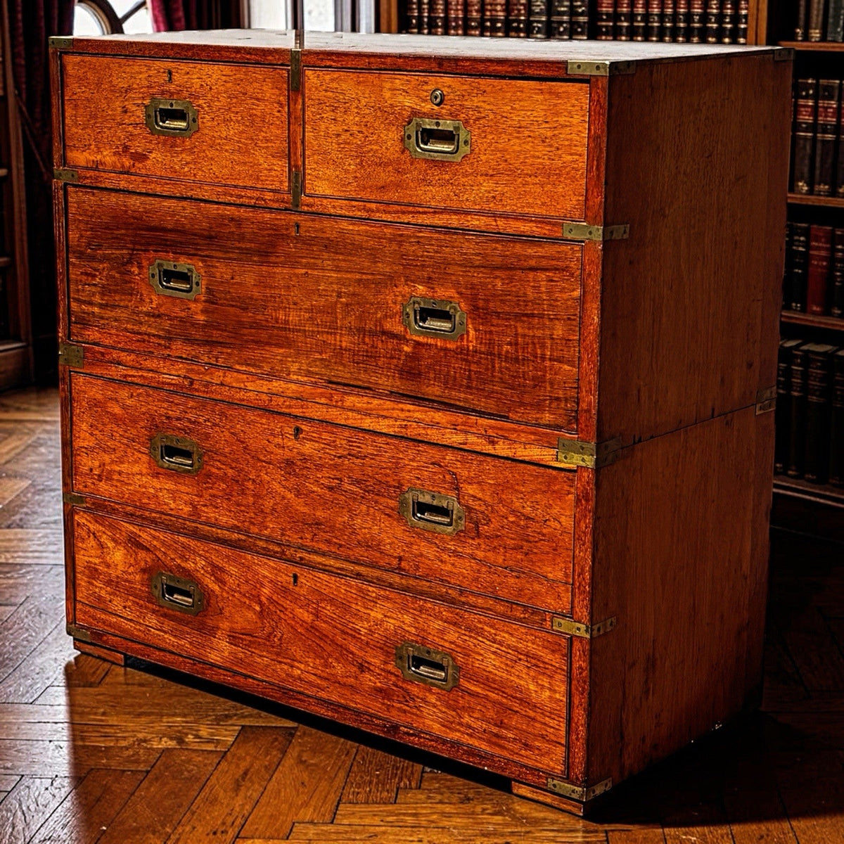 Antique Brass Bound Campaign Chest, Military Chest. Splits In 2 Pieces.