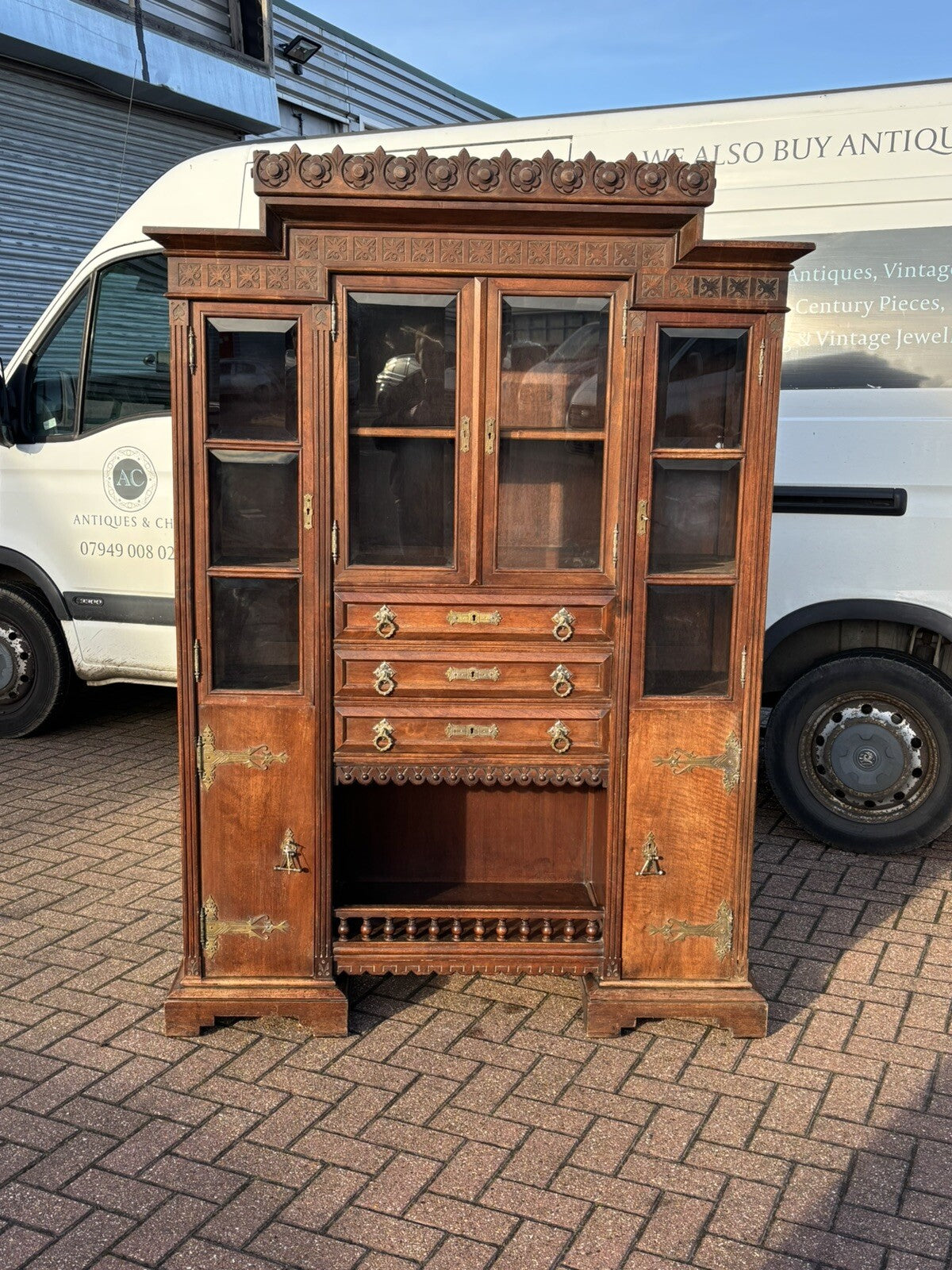 Arts & Crafts French Walnut Bookcase / Cupboard With Fitted Shelves & Drawers