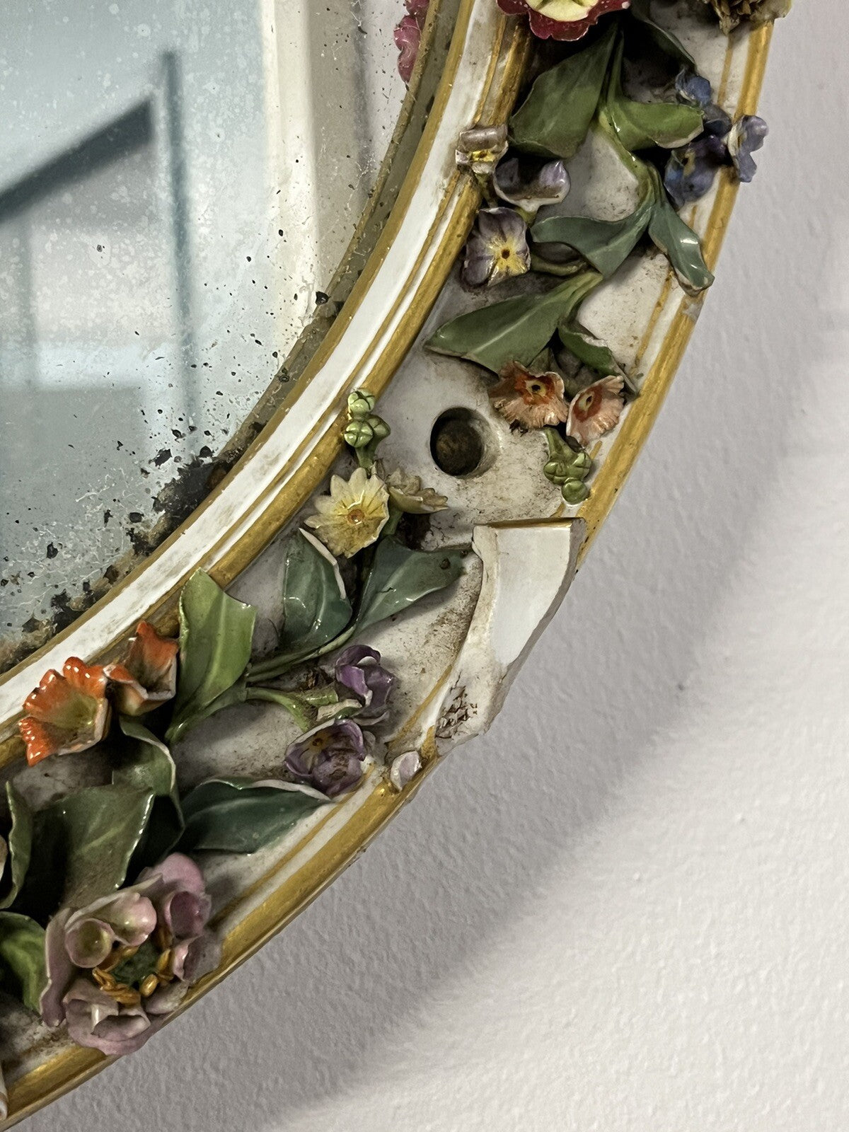 Antique Meissen German Porcelain Wall Mirror Set. Decorated With Cherubs & Birds