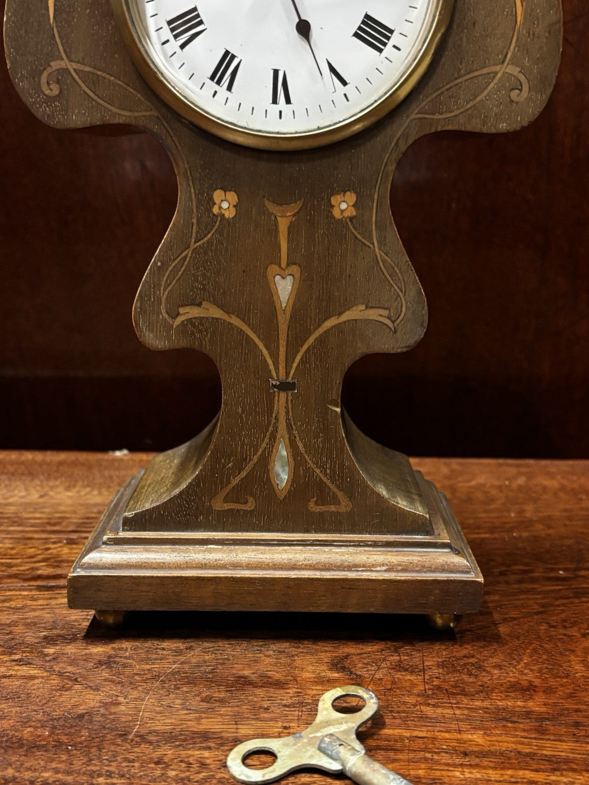 Art Nouveau Inlaid Mahogany Clock. Ticking Away Nicely, Comes With A Key.