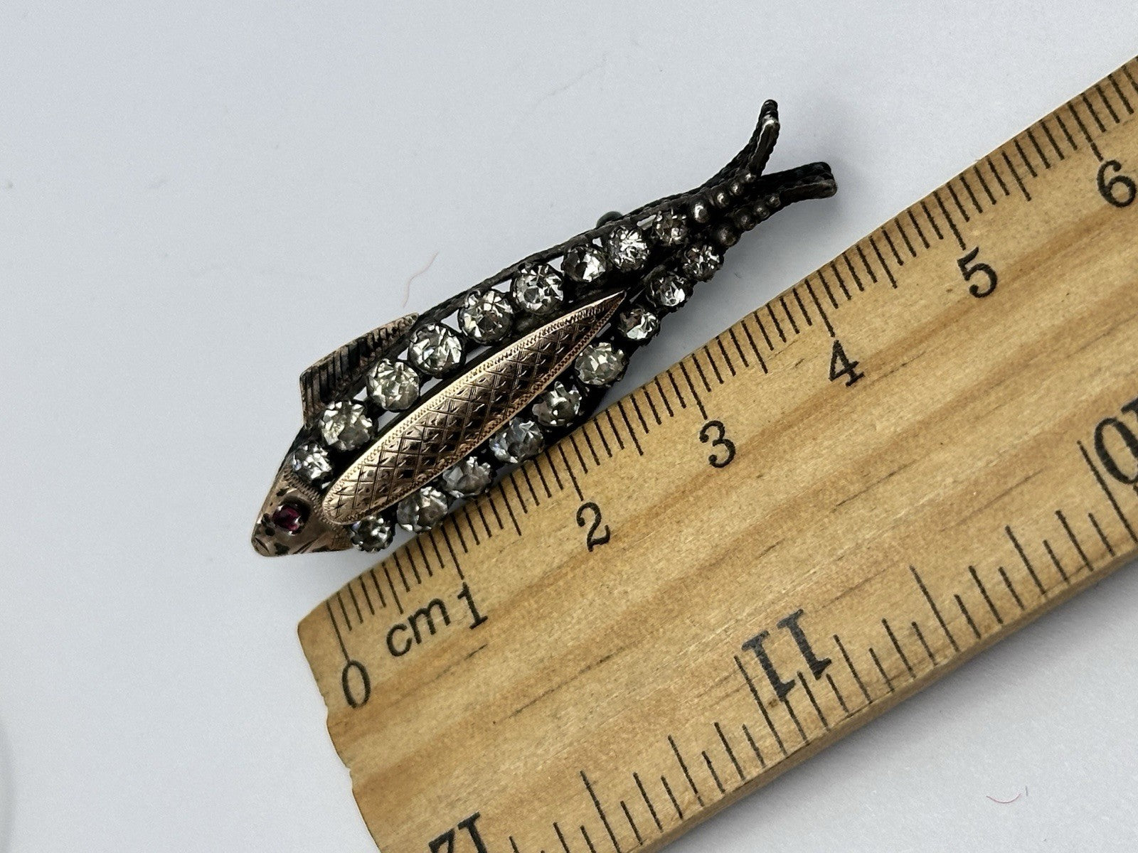 Antique 9ct Gold Silver Paste Fish Brooch With Ruby Eye