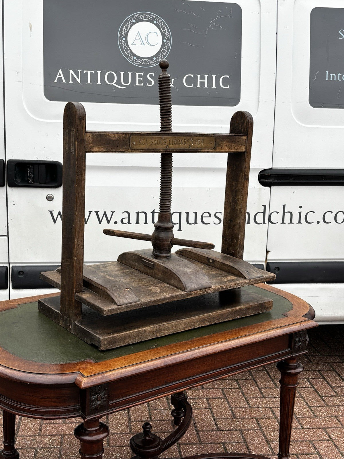 Antique Oak Book Press With Brass Plaque    "All Souls Library"