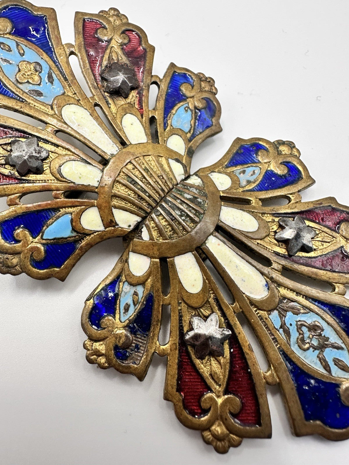 Art Nouveau Enamel Cut Steel Stars Brass Buckle