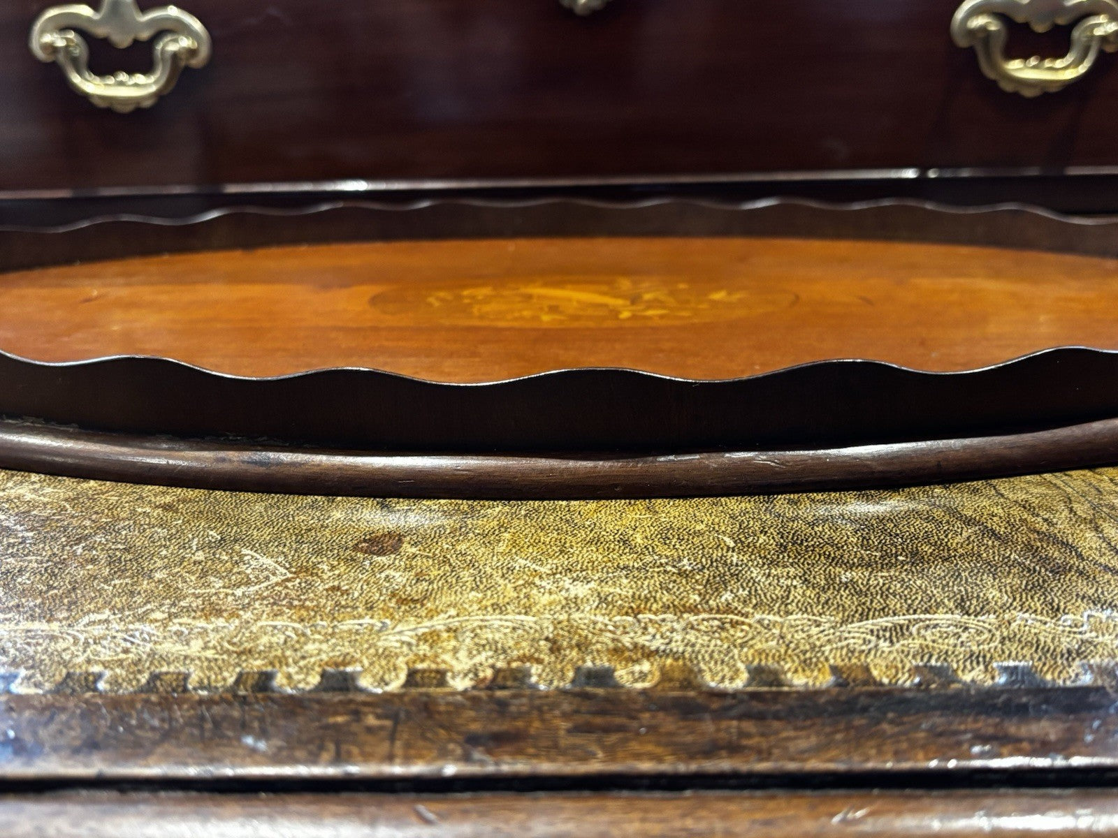 Antique Mahogany Drinks Tray With A Musical Scene Marquetry Inlaid To Centre.