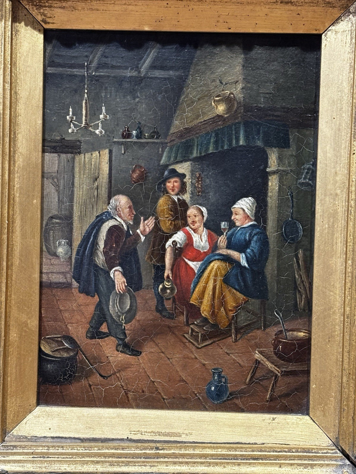 19th Century English Tavern Or Inn Scene. Oil On Canvas In Gold Gilt Frame.