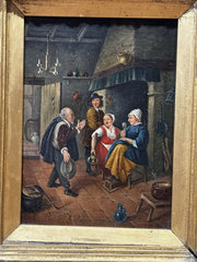 19th Century English Tavern Or Inn Scene. Oil On Canvas In Gold Gilt Frame.