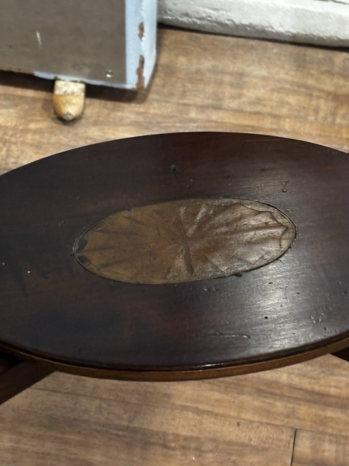 Antique English Wood Tray Top Serving Table with Inlaid Conch Design