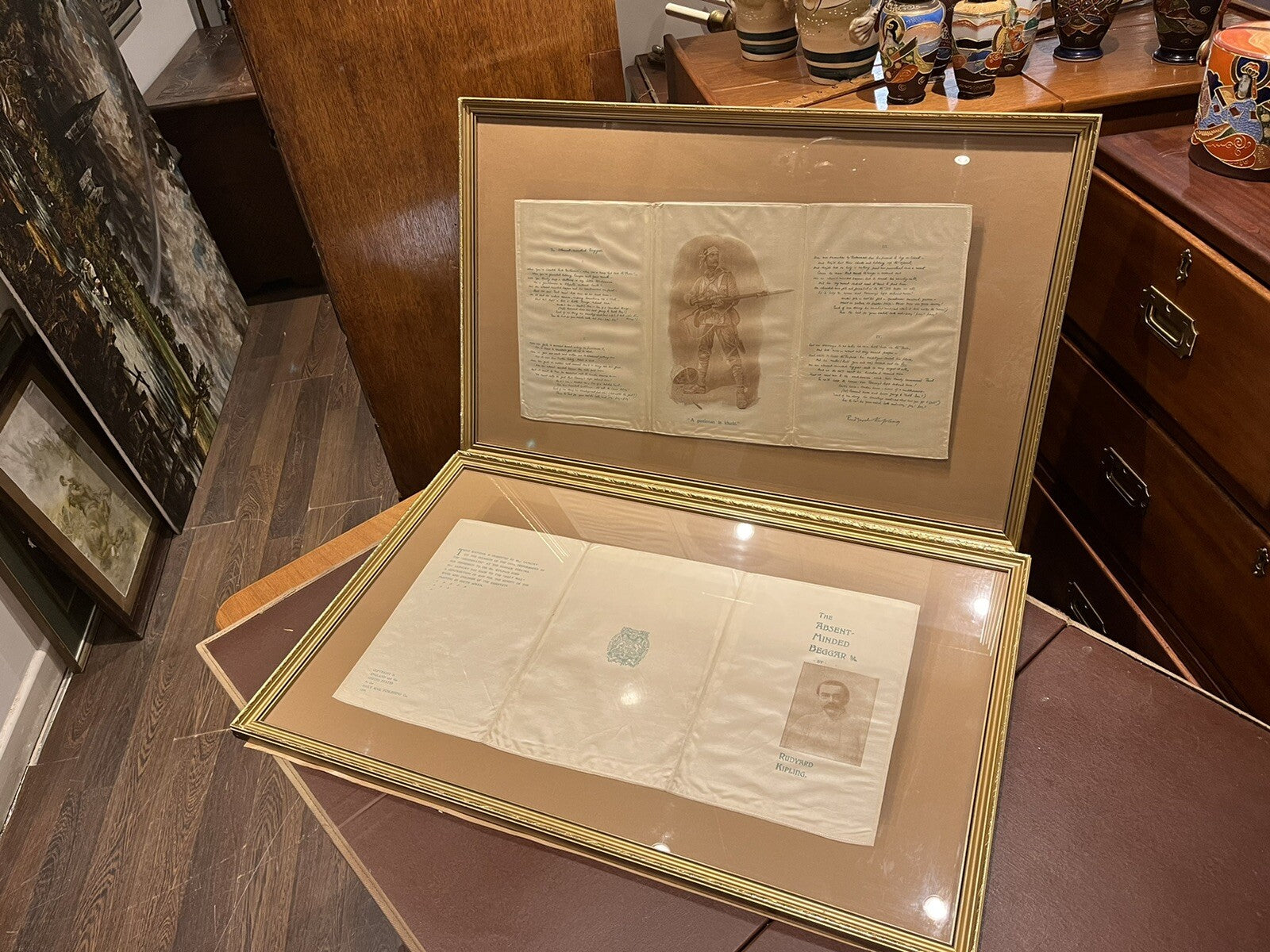 2 ORIGINAL Framed Silk Souvenir From Garrick Theatre, Rudyard Kipling 1899.