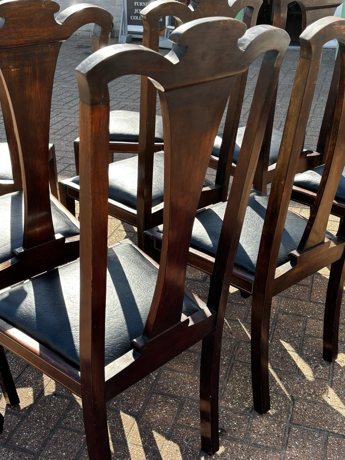8 Art Noveau Marquetry Inlaid Mahogany Dining Chairs, New Upholstery.