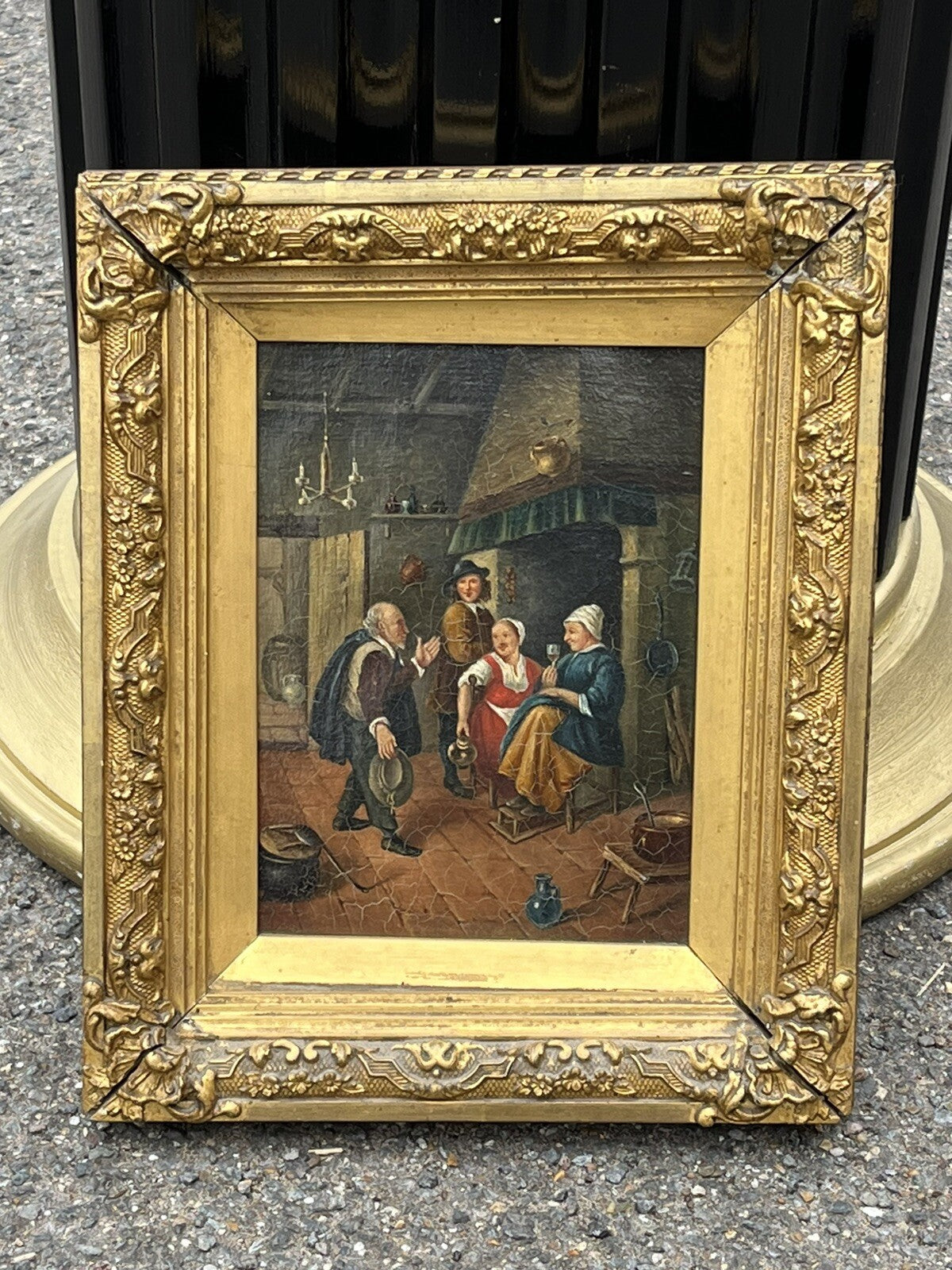 19th Century English Tavern Or Inn Scene. Oil On Canvas In Gold Gilt Frame.