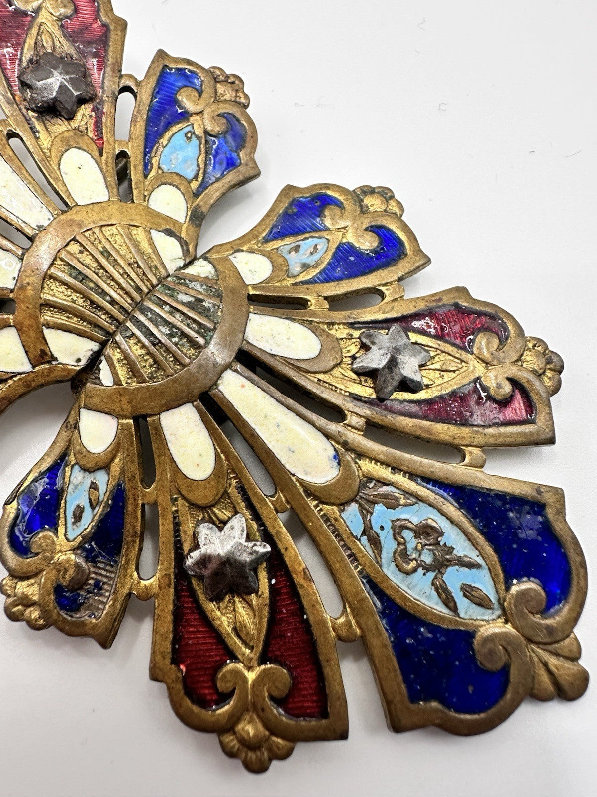 Art Nouveau Enamel Cut Steel Stars Brass Buckle
