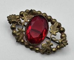 Antique Victorian Metal Red Glass Brooch