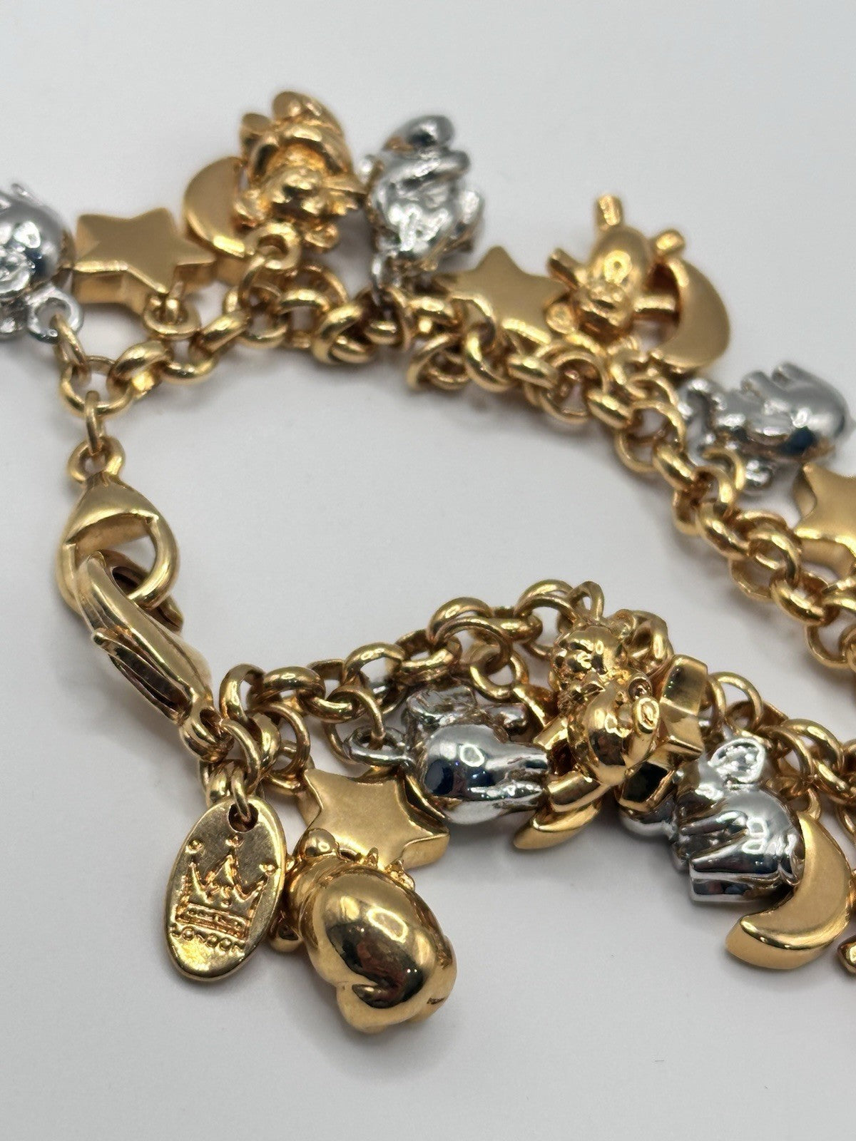 18ct Gold And Rhodium Plated Elephant Moon Stars Bears Charm Bracelet