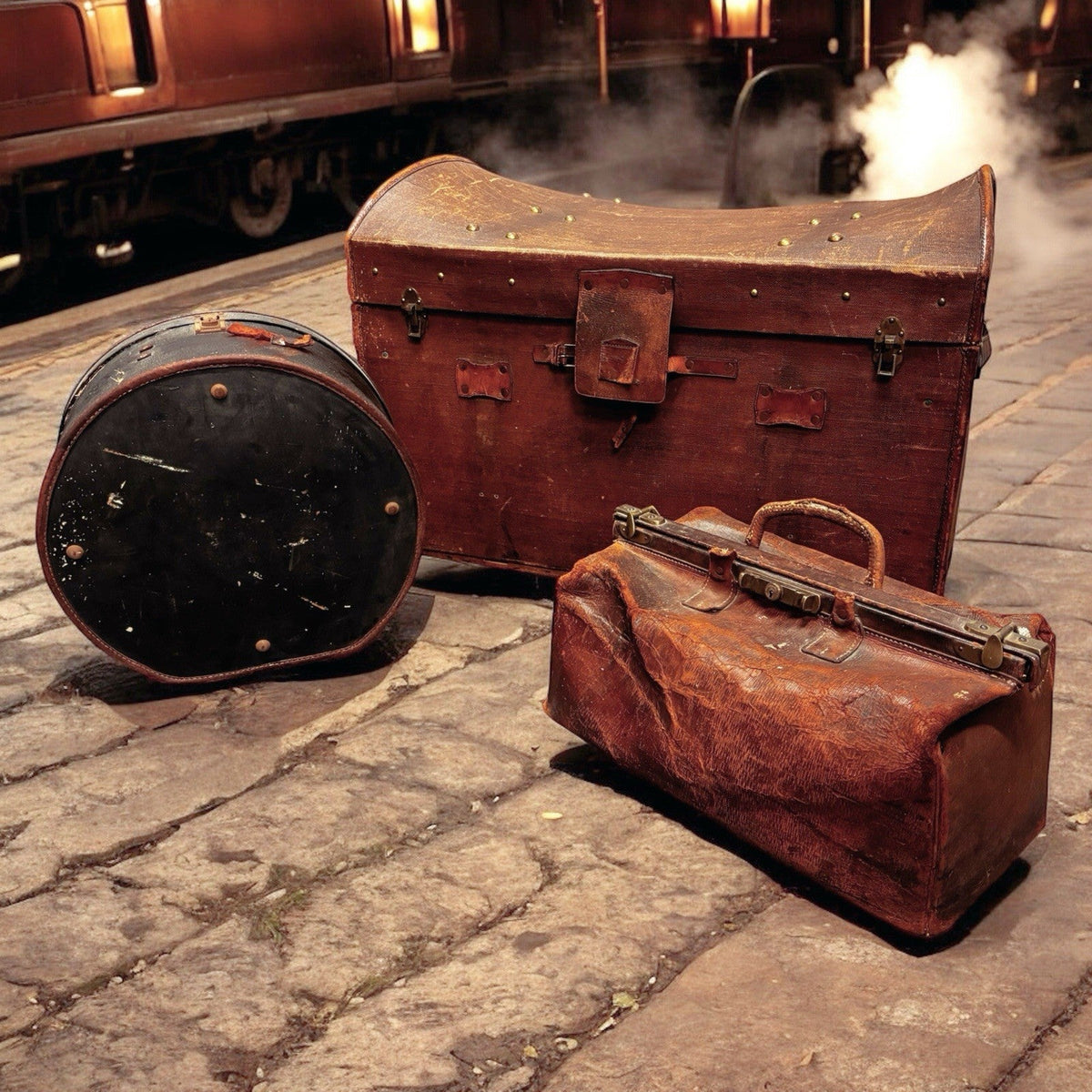 Antique Collection Of Luggage, Trunk, Hat Box & Bag.