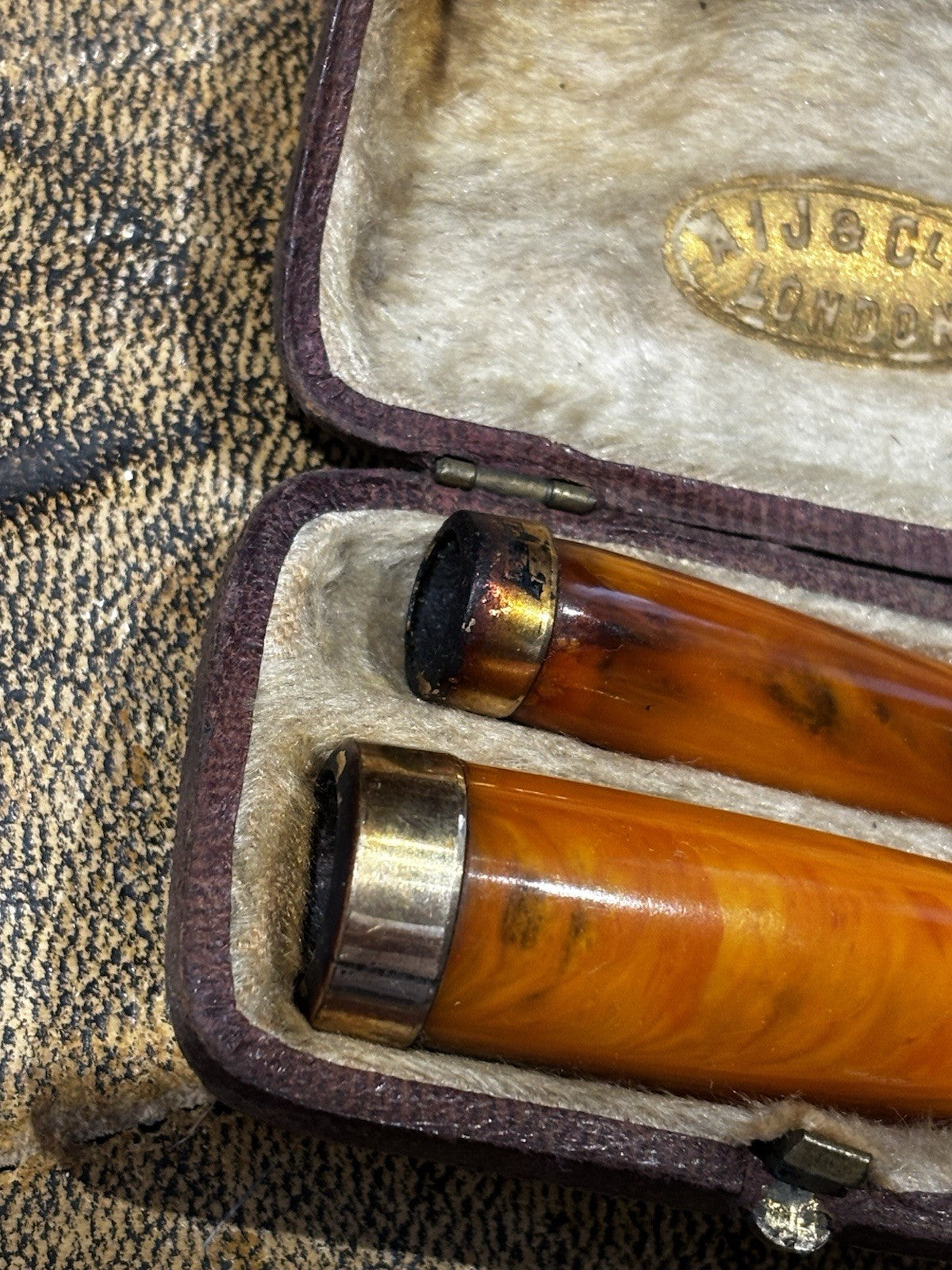 Antique cased set of two butterscotch/honey amber cheroot / Cigarette Holders
