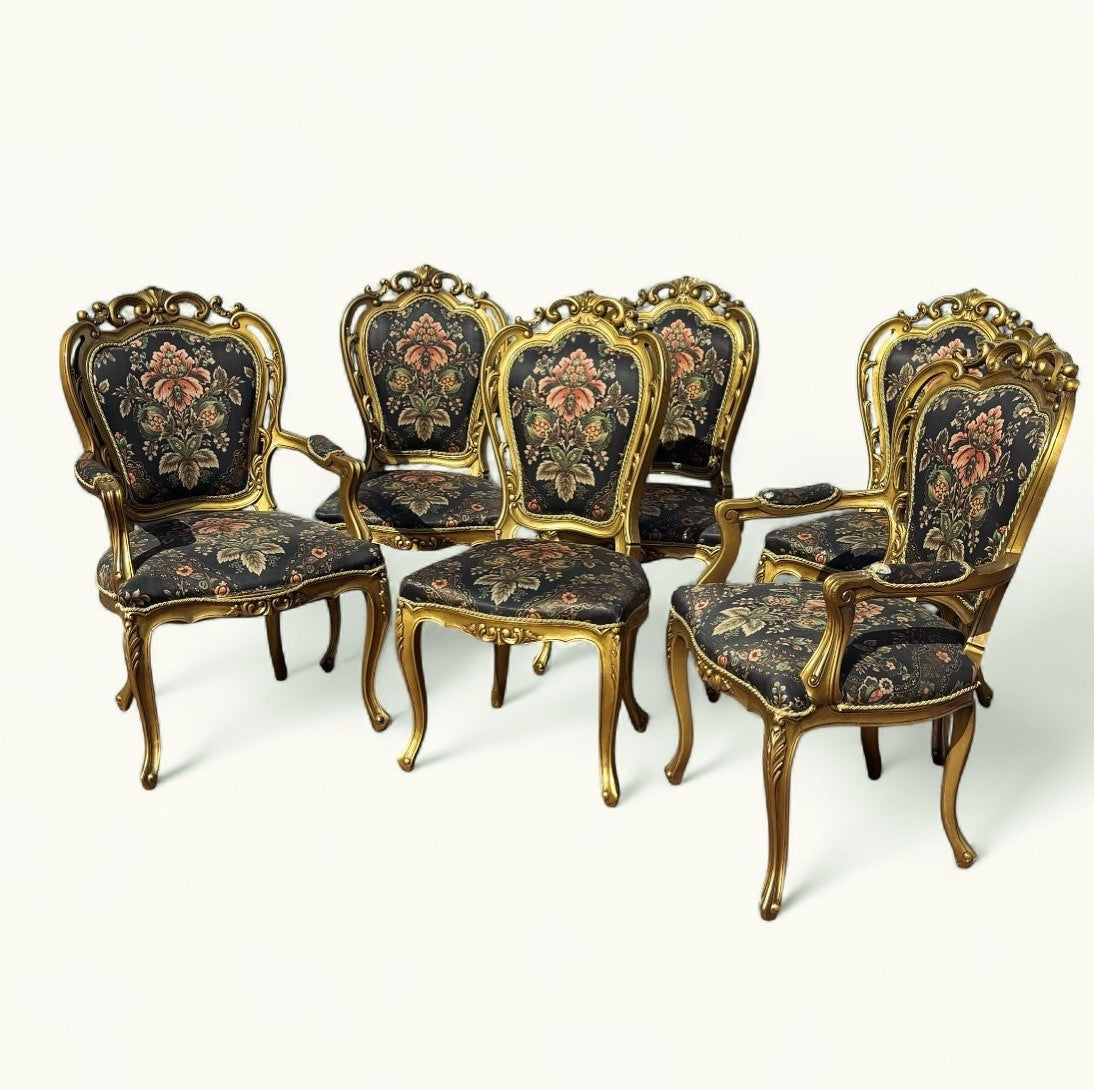 6 French Louis Style Gold Gilt Wooden And Upholstered Armchairs.