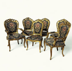 6 French Louis Style Gold Gilt Wooden And Upholstered Armchairs.