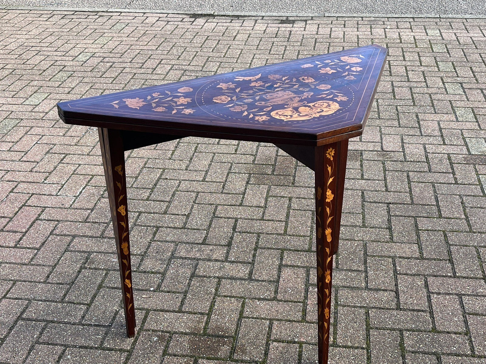 18thC Dutch Marquetry Games Table With Fold Over Lid & Baized Playing Area