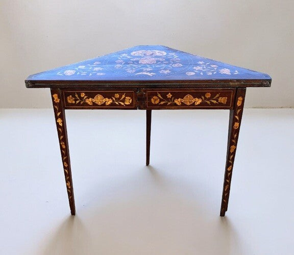 18thC Dutch Marquetry Games Table With Fold Over Lid & Baized Playing Area