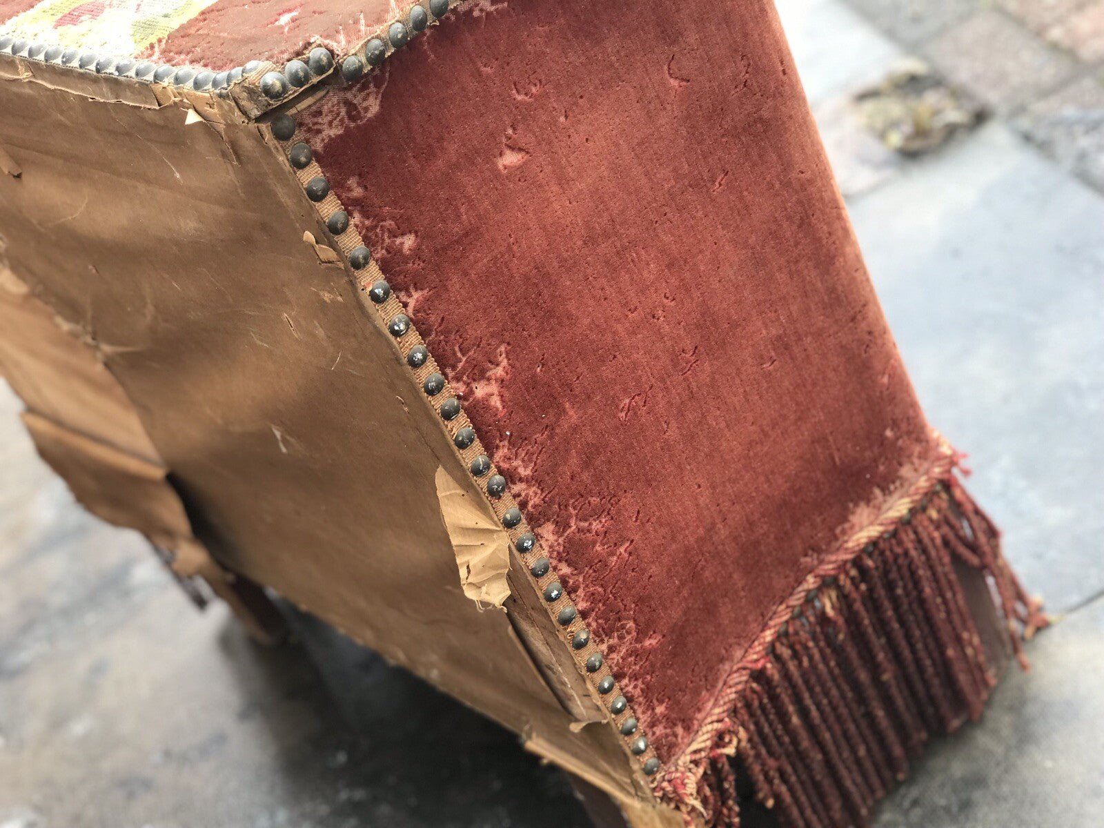Antique Fireside Log Storage With Original Upholstered Decoration