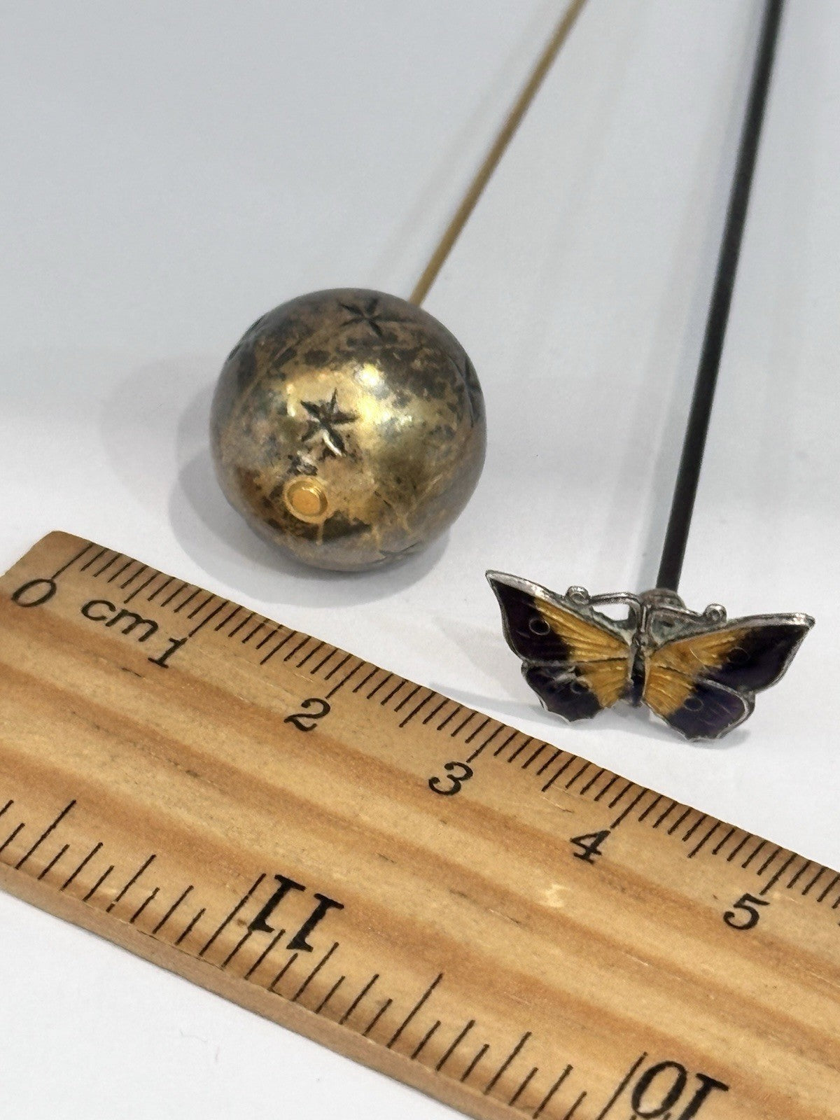 Antique 11cm Length Enamel Butterfly And Ball Stars Hat Pin