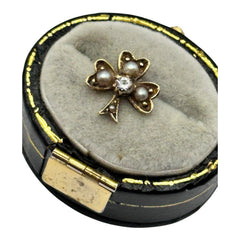 Antique 14ct Gold White Stone Pearl Lucky Shamrock Stick Pin Top