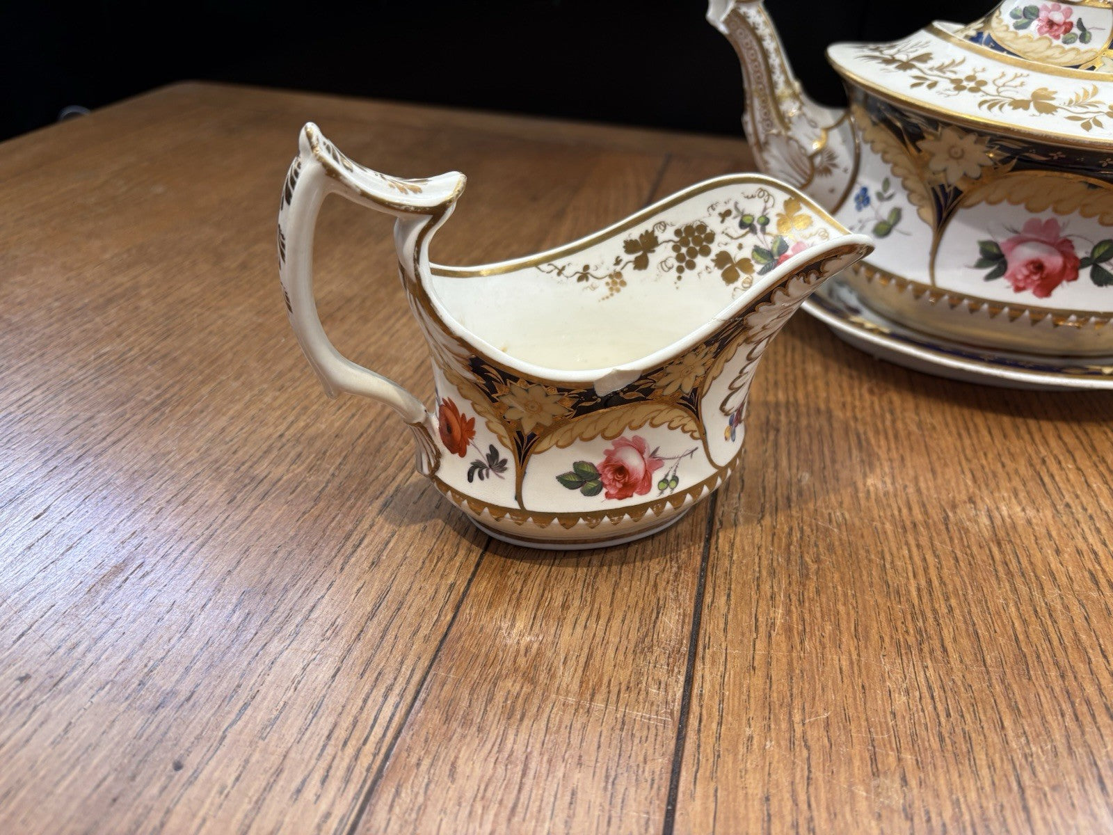 Antique Machin Highly Decorated Gilt Painted Tea Pot & Stand, Sugar & Milk Jug