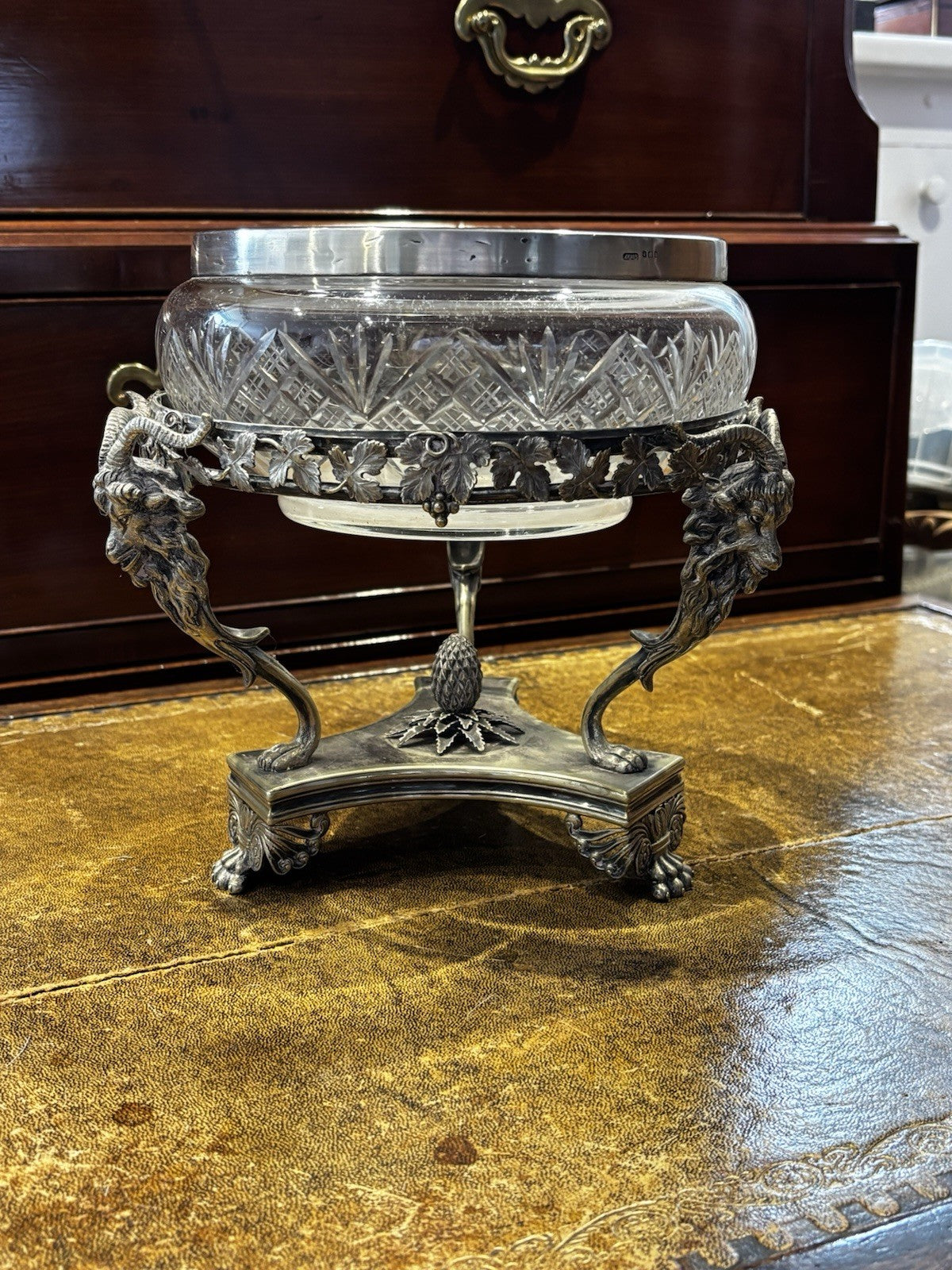 Antique Centrepiece Decorated With Ram Mask Mounts, & Foliage On Claw Feet.