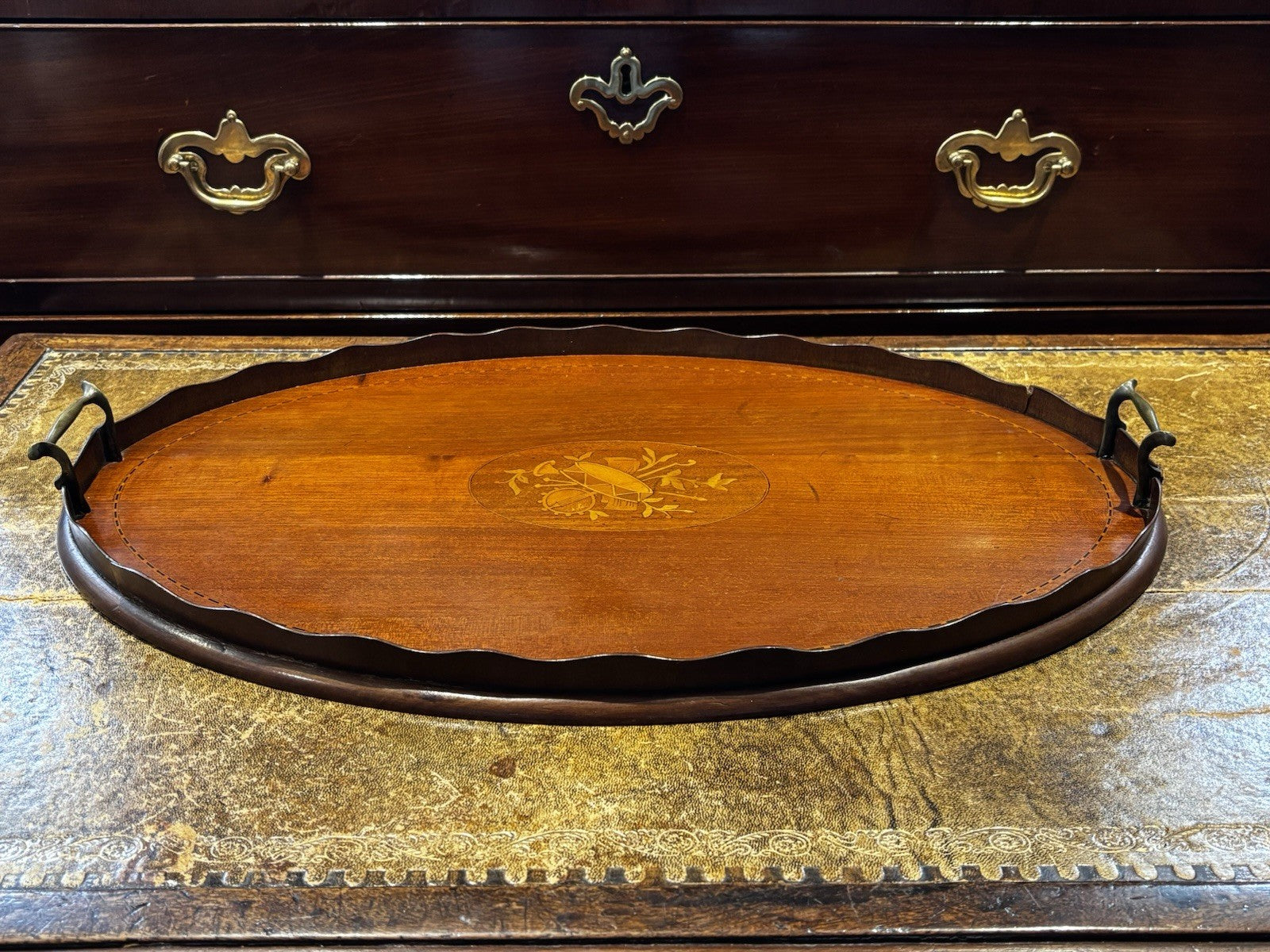 Antique Mahogany Drinks Tray With A Musical Scene Marquetry Inlaid To Centre.