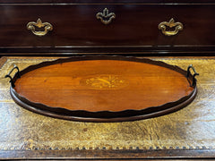 Antique Mahogany Drinks Tray With A Musical Scene Marquetry Inlaid To Centre.