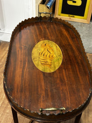 Antique English Wood Tray Top Serving Table with Inlaid Conch Design
