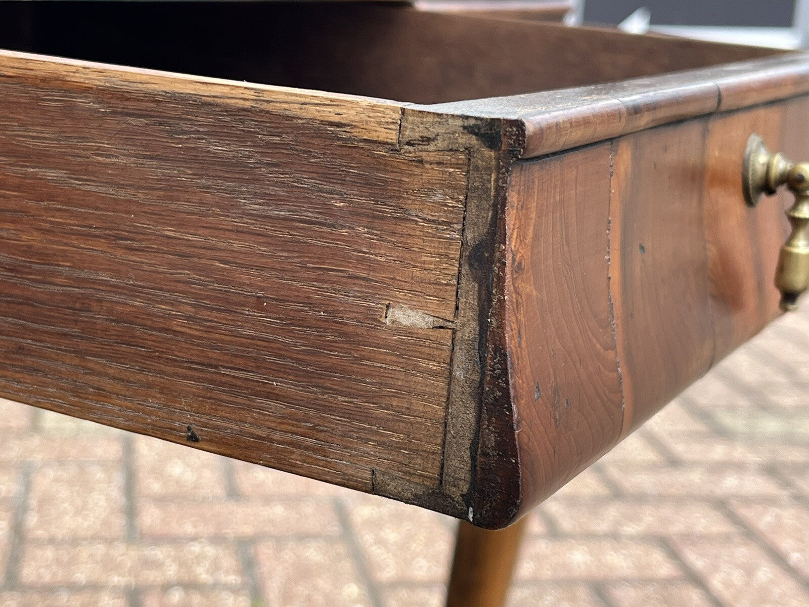 Antique Walnut Tray Top Side Table With Drawer. Pad Feet, Brass Handle.