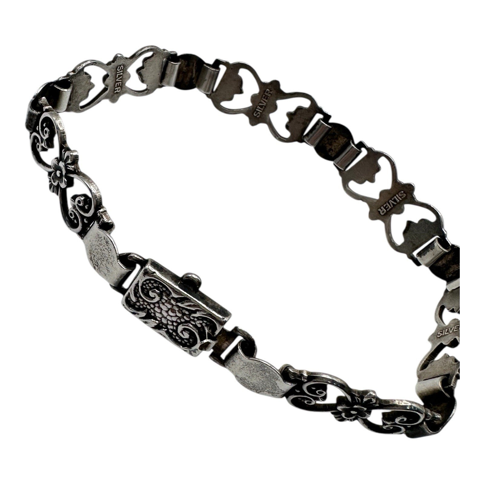 Antique Sterling Silver Fancy Link Flowers Bracelet